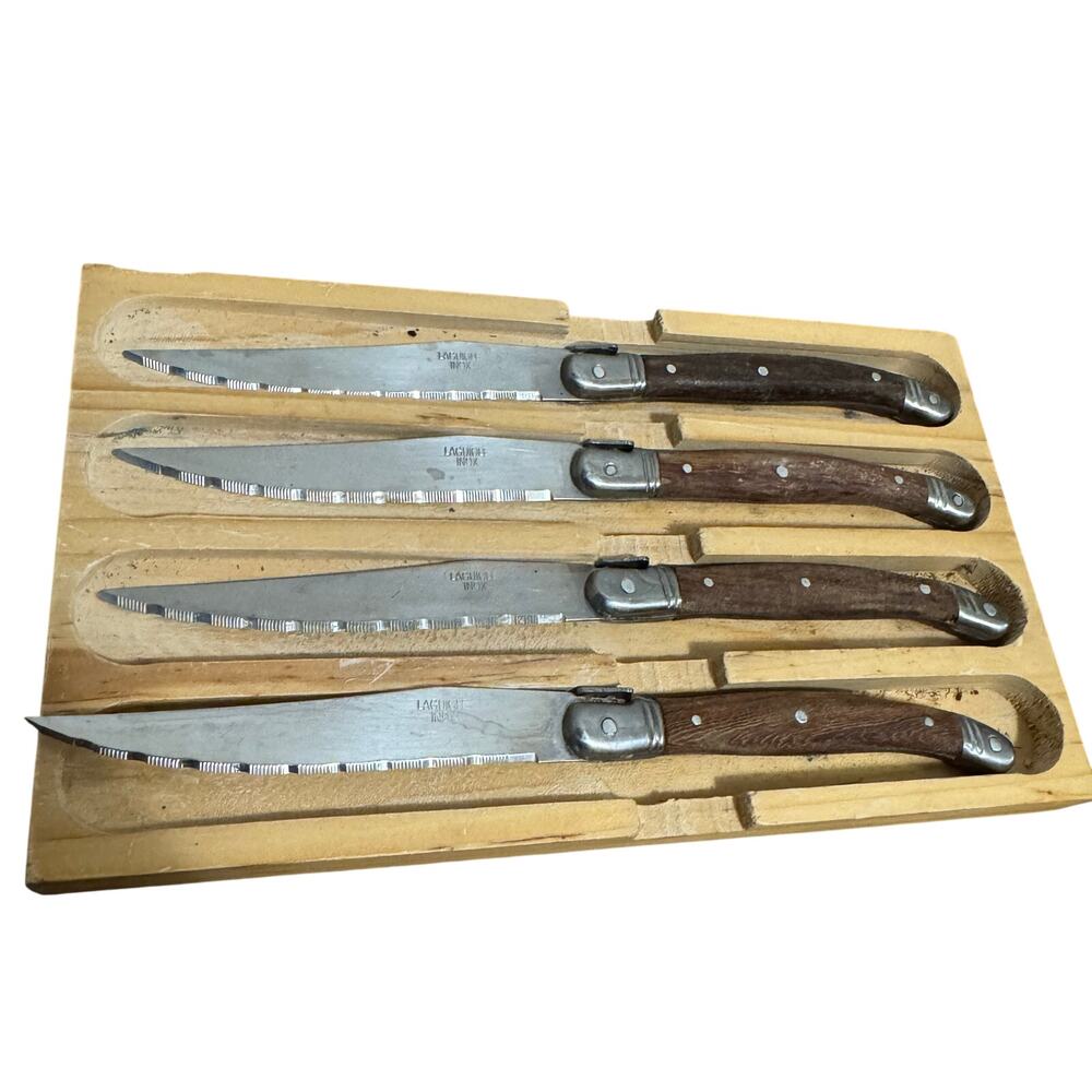 Vintage? Laguiole Stainless Steel Steak Knives Wood Handle Set Of 4 w/ Wood Box